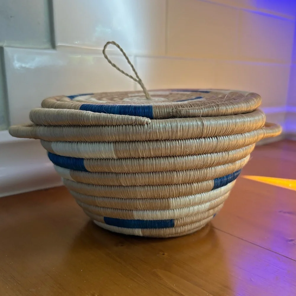 Handwoven Rwandan Lidded Basket Blue & Natural Fair Trade Storage Basket
